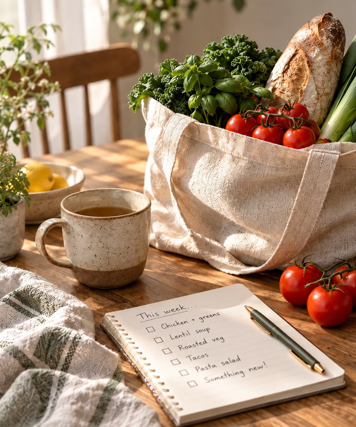 A linen bag of fresh groceries, bread, a ceramic cup and an open meal-planning notebook on a sunlit kitchen table