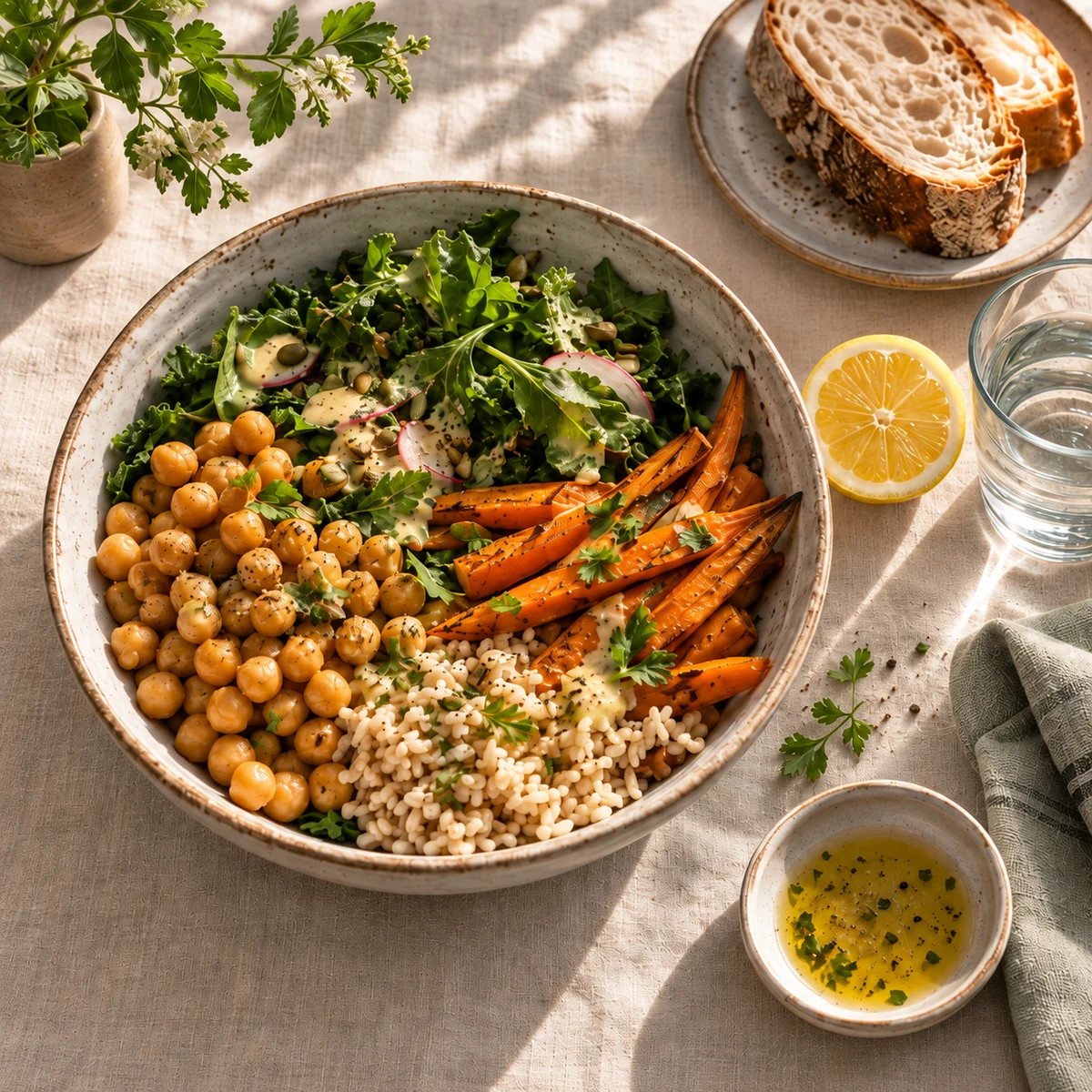 A bowl of chickpeas, grains, roasted carrots and leafy greens, with bread and lemon on a sunlit linen table